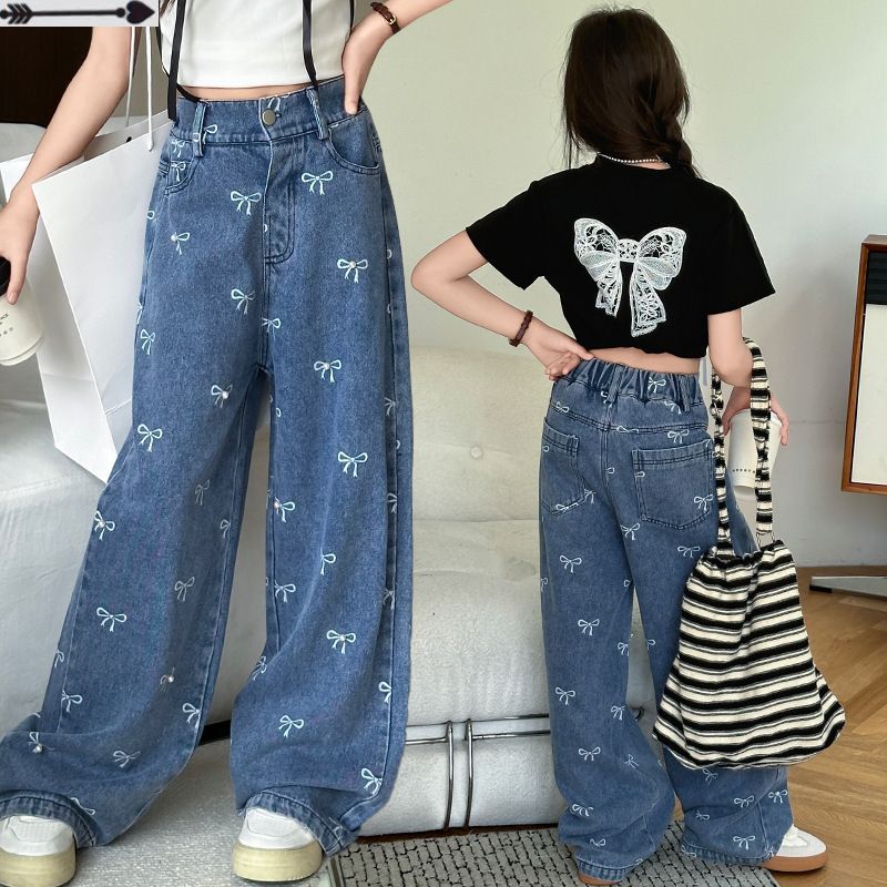 Children's Summer Pants 2025 New Elastic Waist Jeans Bow Printed Wide Leg Pants Fashionable Autumn Wear