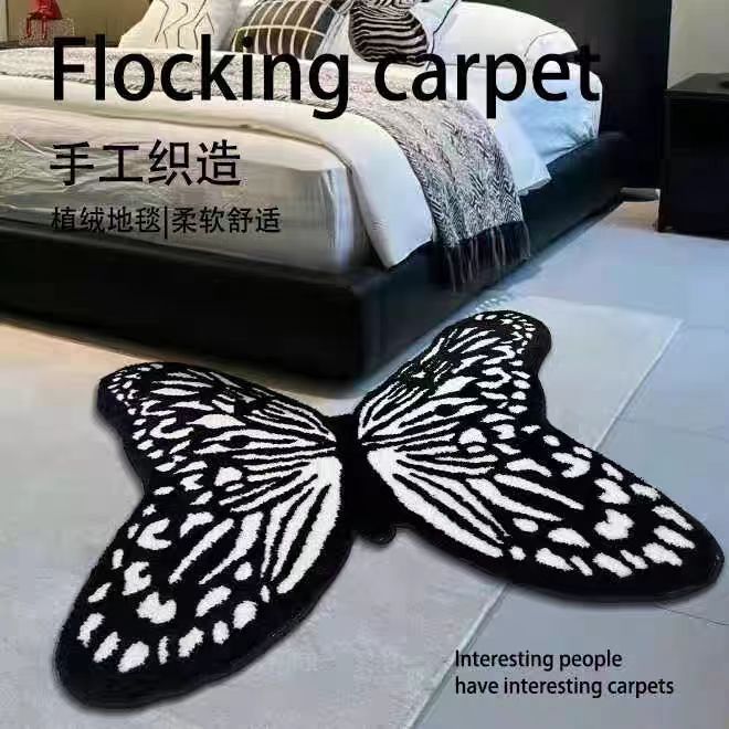 Thickened Flocking Butterfly Special-Shaped Carpet Bedroom Living Room Light Luxury Advanced Tufted Floor Mat Dirt-Resistant Non-Slip Machine Washable