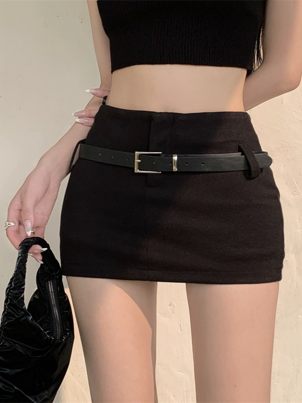 Black Belt Skirt Women's 2024 Summer New Style Spice Girls Short Skirt High Waist Pure Sexy Tight Hip Skirt
