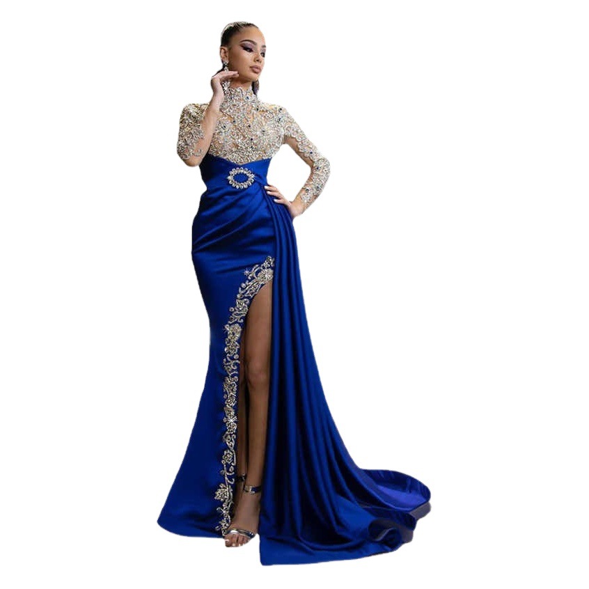 2025 European and American Export New Evening Dress Ebay Amazon Women's Blue Gold Round Neck Dress Long Skirt for Women