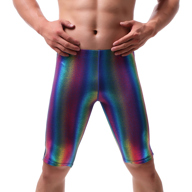 Spot wholesale rainbow men's pants close-fitting sexy mesh imitation leather pants comfortable breathable pajamas men's foreign trade