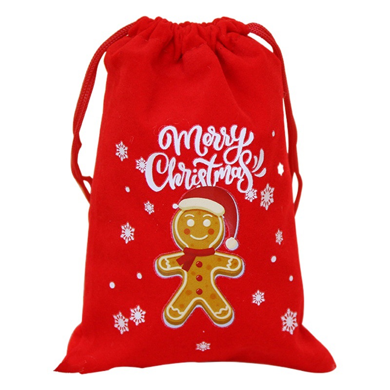 Cross-Border Hot Selling Christmas Gift Velvet Bag Cartoon Christmas Decoration Gift Bag Red Velvet Drawstring Bag