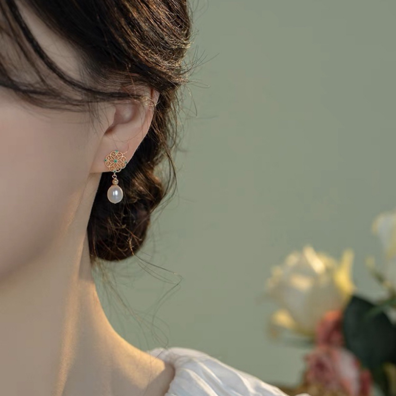 Vintage Exquisite Lace Natural Freshwater Pearl 925 Silver Pin Earrings Ear Clips Elegant All-match Rice Earrings Fairy