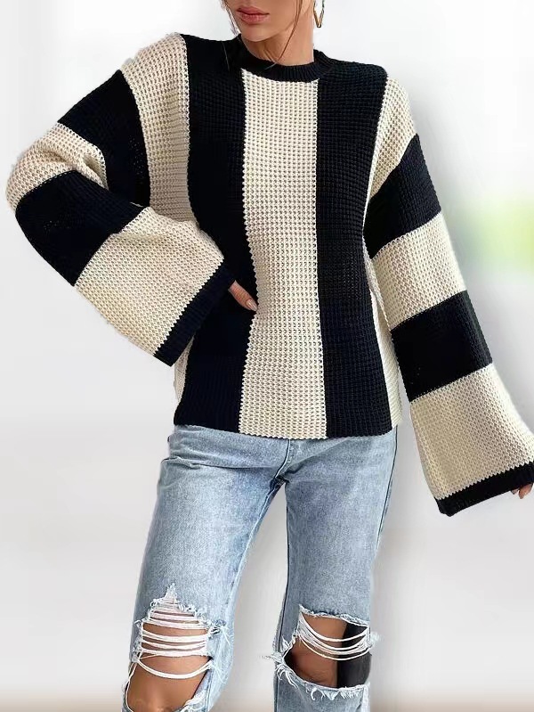 Lazy Style Pullover Black and White Contrast Stripe Vertical Stripe Sweater Women's Outwear Gentle Soft Waxy Sweater Top