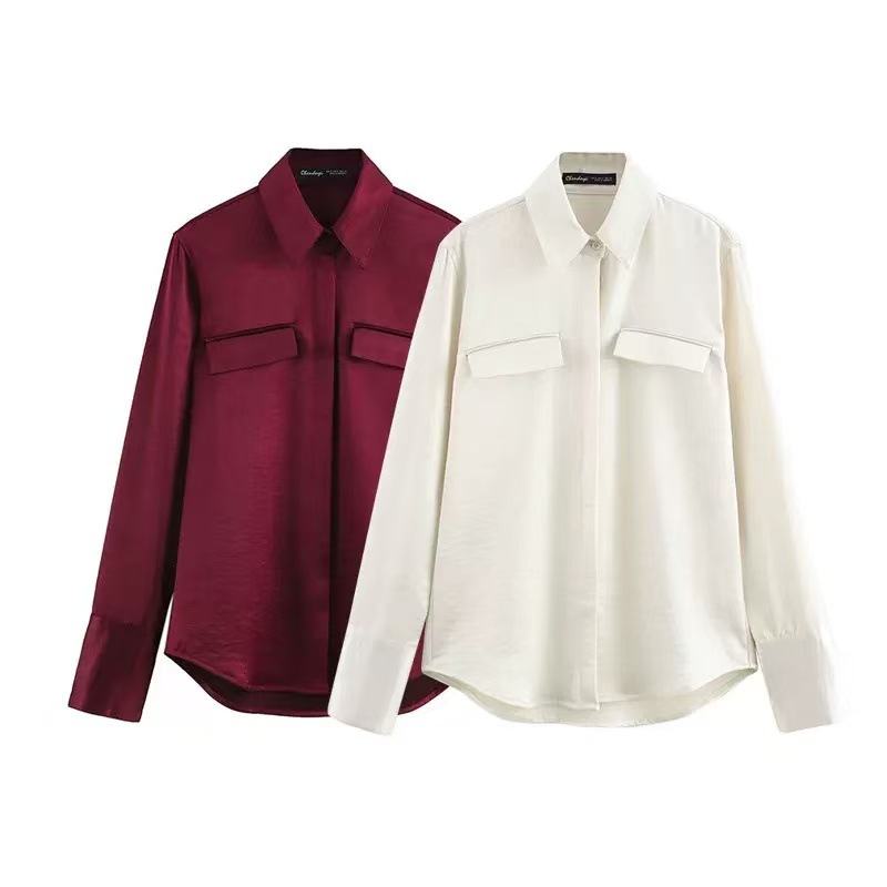 ZA cross-border women's clothing wholesale European and American style spring new silk satin texture fashion temperament long sleeve shirt 8987213