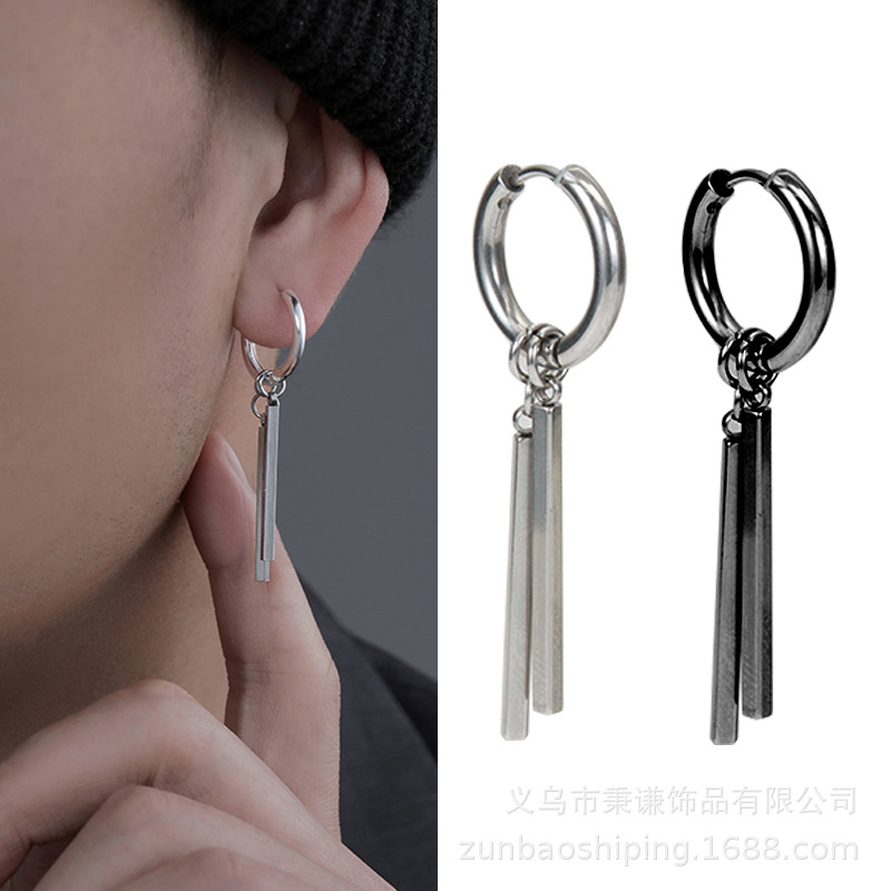 Titanium Steel Earrings Men's Trendy High-end Ear Studs Women's Rectangular Stick Double Stick Earrings Earrings Long Stick ins Cold Style