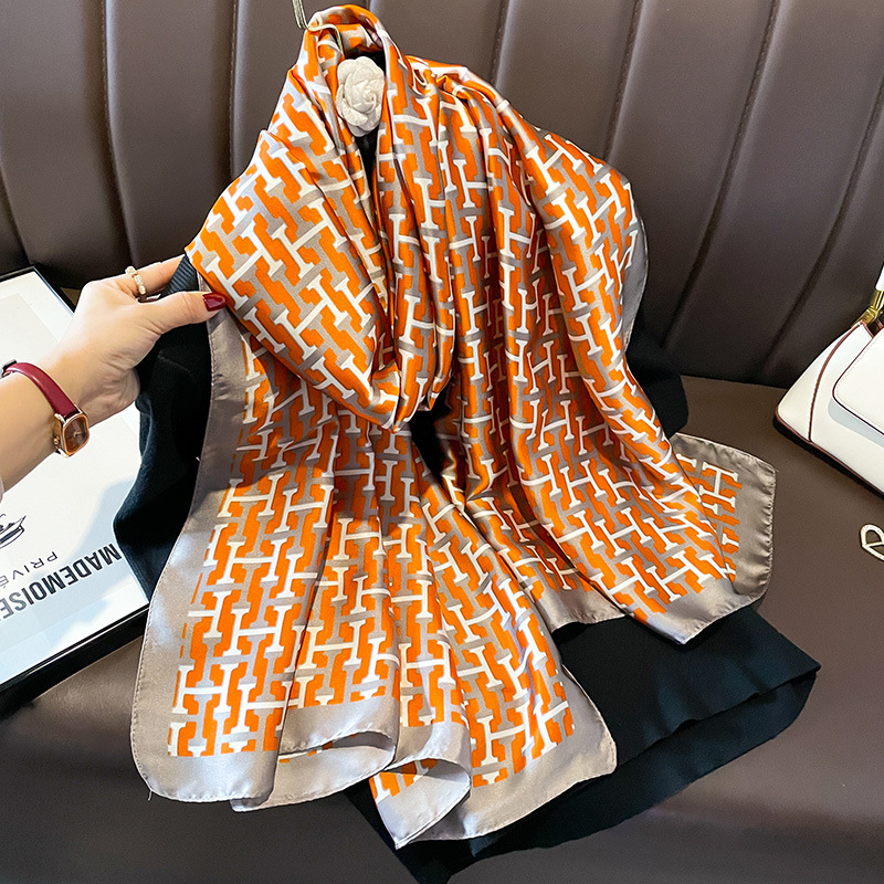 Korean-style Letter H Fashion Large Square Scarf Scarf Scarf Women's Fashion All-match Sunscreen Scarf 2024 Women's Silk
