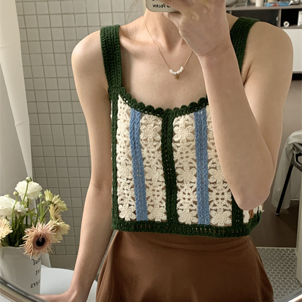 2025 New Summer Style Knitted Hollow Embroidery Stitching Contrasting Color Fashion Camisole Vest for Women
