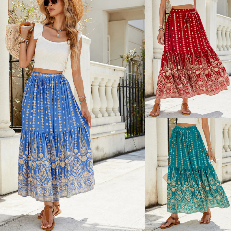 Real shot 2025 cross-border rayon positioning printed stitching skirt seaside holiday exotic beach skirt