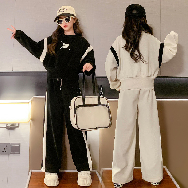 Picture of Girls' suit spring and autumn fashionable western style popular street online casual waist-tight short children's sweater wide-leg pants two-piece suit
