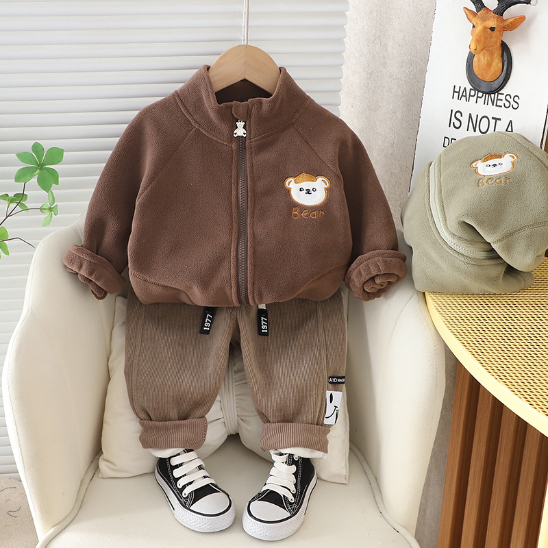 2023 New Children's Autumn and Winter fleece-lined Thickened Warm Long-sleeved Sweat Split suit Casual Two-piece Set for Baby Boys