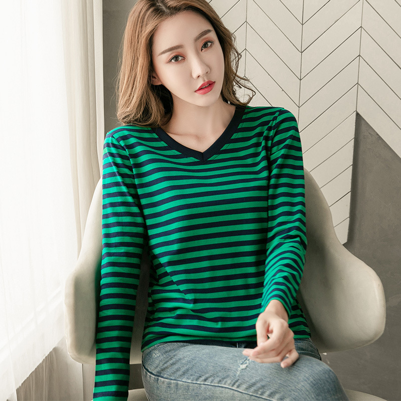 European Station 2021 Spring and Summer New Women's Clothing Korean Style All-match Striped Long-sleeved T-shirt Slim-fit Stylishness Base Shirt Trendy