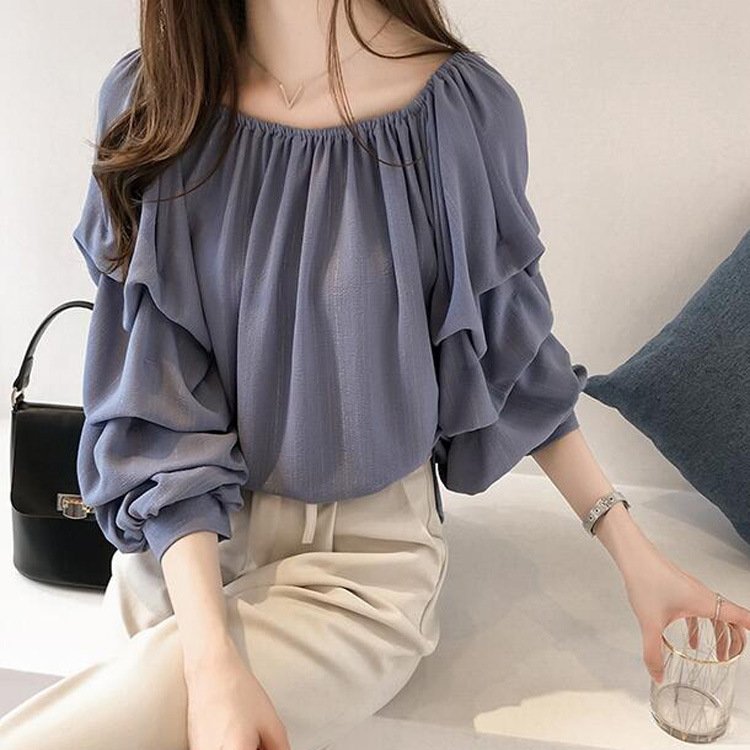 Picture of 2024 Spring and Autumn New Korean Style Elegant Off-Shoulder Chiffon Blouse for Women, Loose Bubble Top, Slimming Solid Color Trend