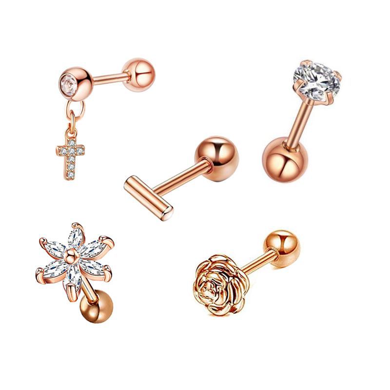 Picture of 5-Piece Set of Amazon Geometric Stainless Steel Zircon Earrings Cross-Border European and American Piercing Jewelry Silver Twisted Tooth Earrings