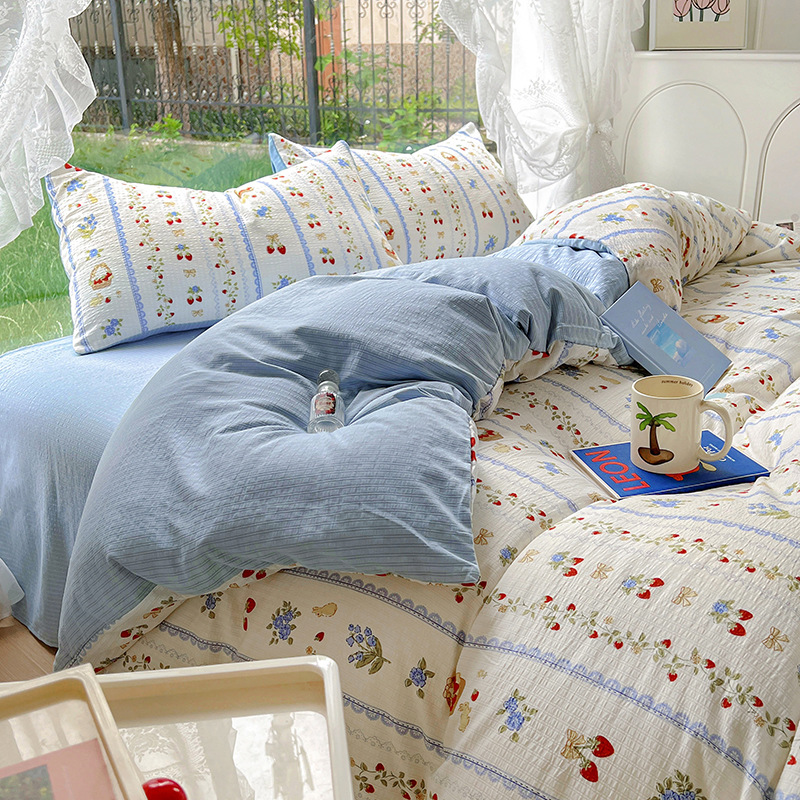 Picture of Class A Maternal and Infant Grade Fresh Small Zhu Cotton Four-piece Set Washed Cotton Bed Sheet Quilt Cover Three-piece Set for Student Dormitory