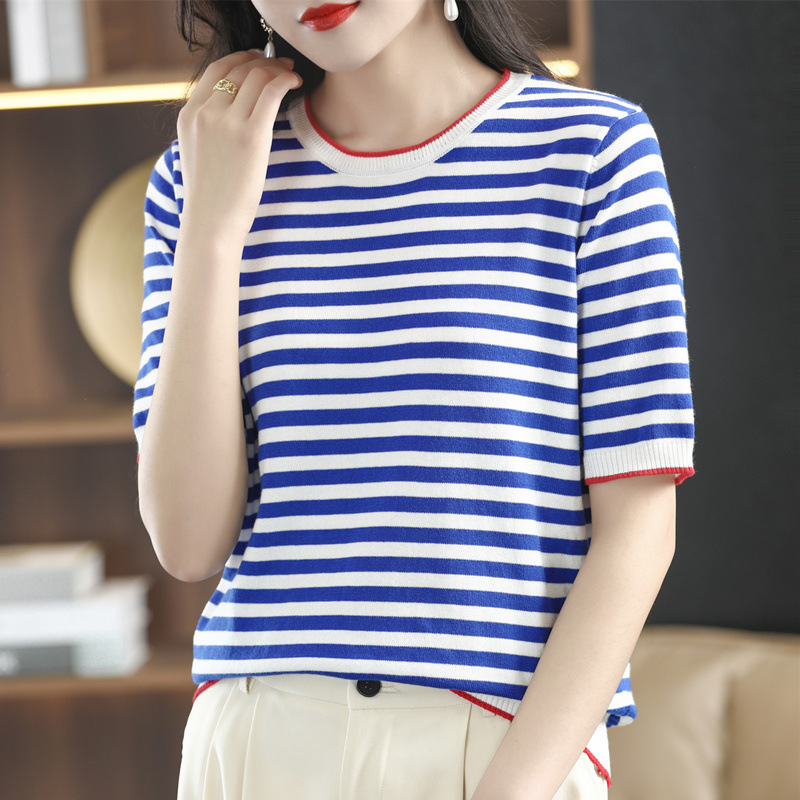 Striped Knit Shirt Base Shirt Women's Autumn and Winter High-end Sense Inner Top 2022 New Autumn Long-sleeved Crewneck Sweater