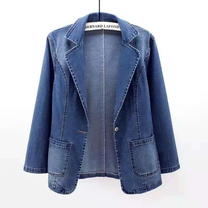Spring and Autumn New Denim Tops Women's Slim Fit Suit Collar Solid Color Cardigan Outer Wear One Button Top Trendy