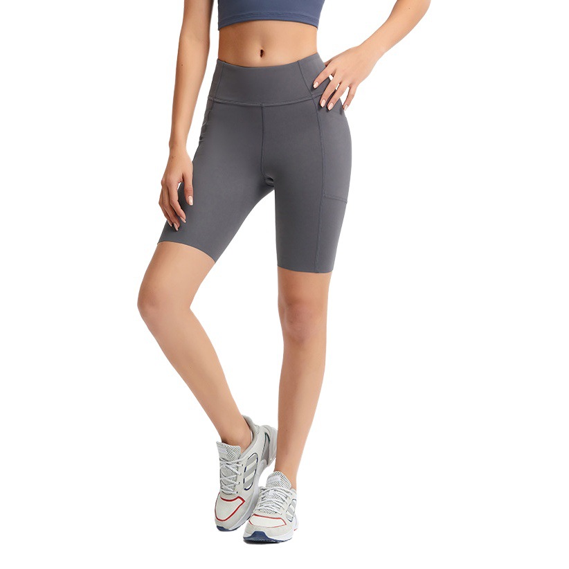 Cross-Border New Pure Color Side Flap Pocket Pants Quarter Yoga Pants Brushed Nude Running Fitness Sports Shorts Dk068