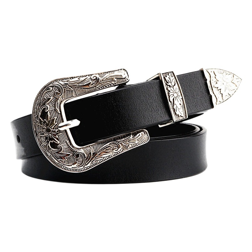 Belt Women's European and American Style Black Belt Women's Decorative Simple Retro All-match Trousers Fashion Carved Fine Leather Belt