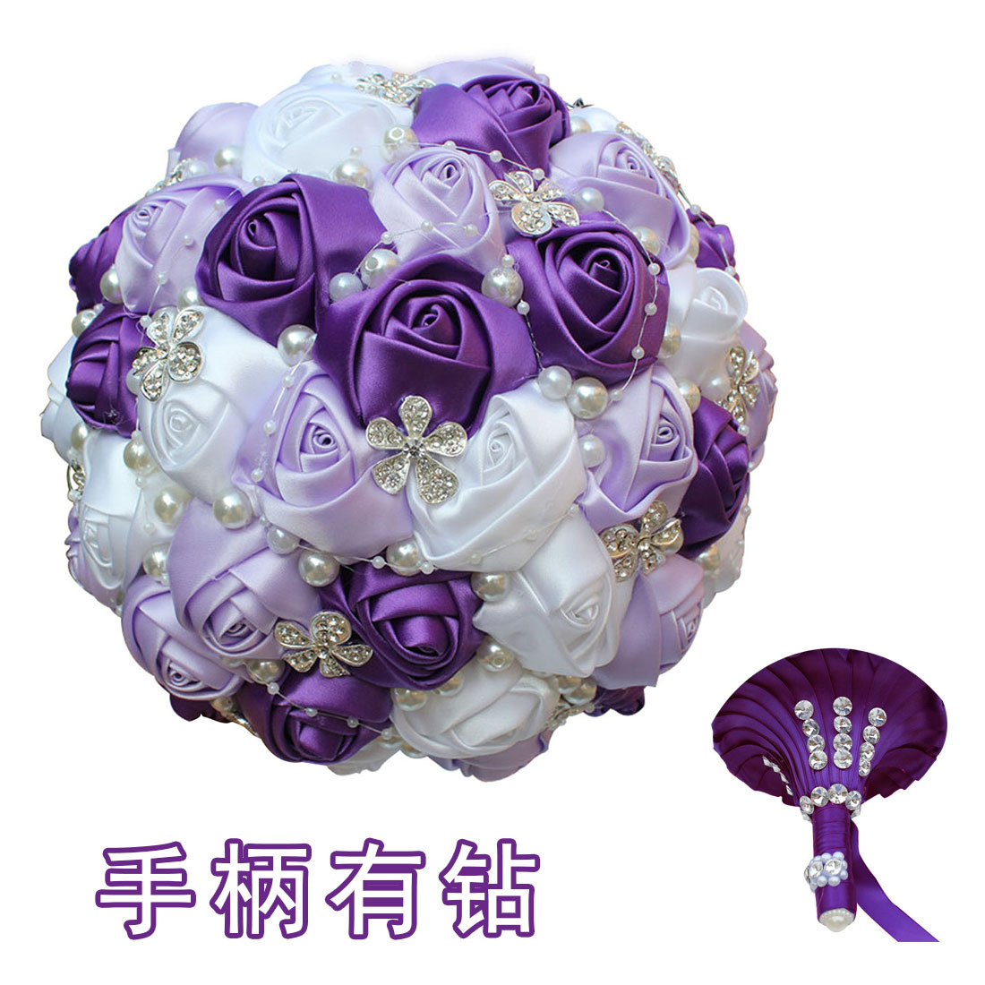Picture of European and American Super Beautiful Ribbon Flower Wedding Supplies Bride's Hand-held Flower Five-flower Beaded Hand-held Flower Wedding Supplies Hand-held Flower