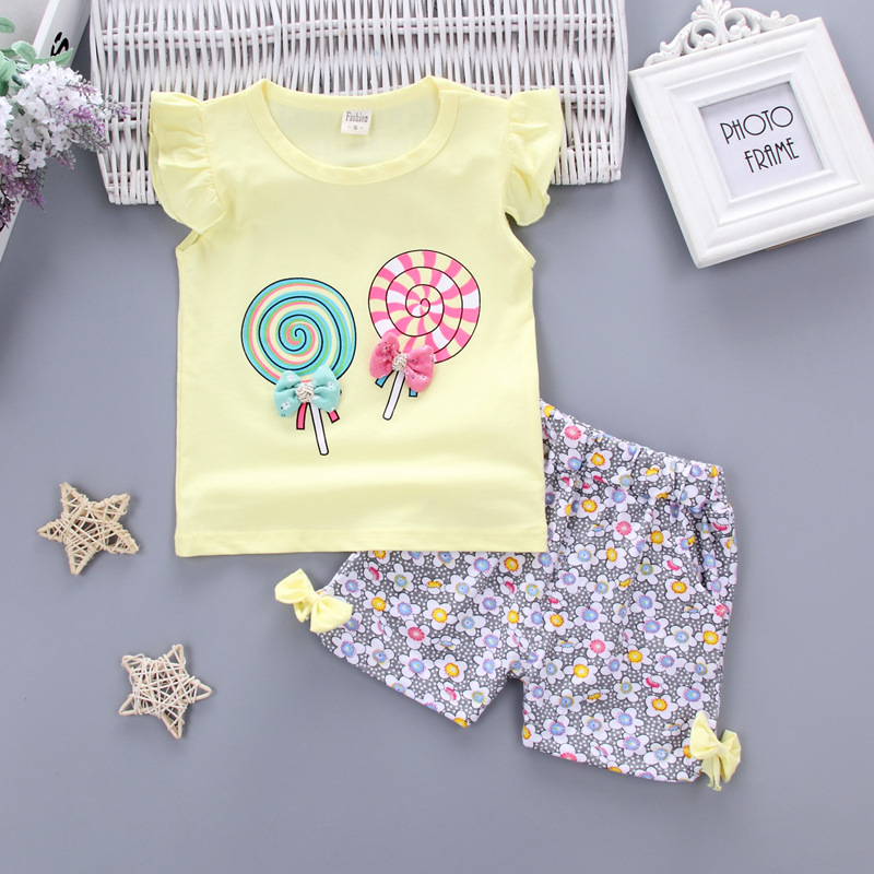 Summer New in Stock Children's Cartoon Suit Girls Fee Sleeve T-shirt Shorts Set Pullover Children's Wear Two-piece Set