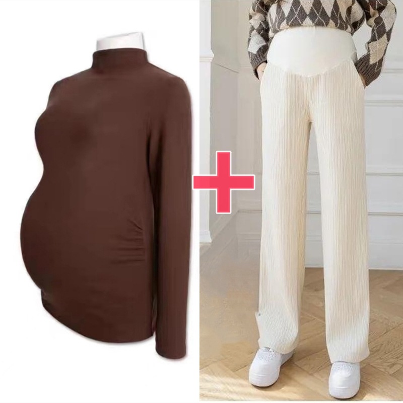 Picture of Pregnant women's clothing fashion spring autumn winter two-piece pregnant women adjustable abdominal pants solid color velvet warm bottoming shirt suit