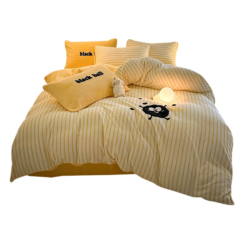 New ins towel embroidered milk velvet four-piece set thickened small bristle winter bed sheet quilt cover baby velvet four-piece set
