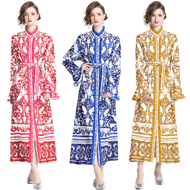 Guangzhou Shahe Dress European and American Fashion Palace Style Waist Slimming Look Dress Stand Collar Single-Breasted Blue and White Porcelain
