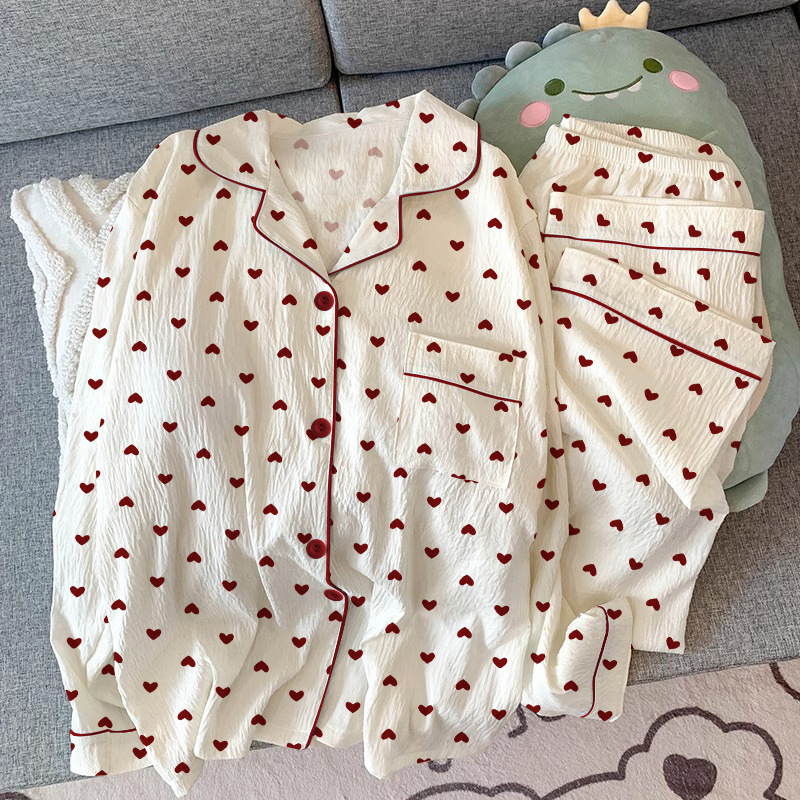 Cross-Border Pajamas for Women Spring and Autum 2025 New Long-Sleeved Imitation Cotton Wrinkled Cloth Peach Heart Can Be Worn Outside Home Clothes Set