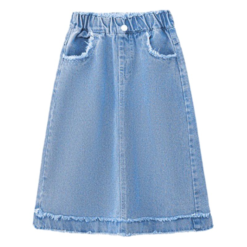 Girls' frayed Denim skirt 2023 Summer middle and big children's Japanese mid-length skirt girls' Denim skirt