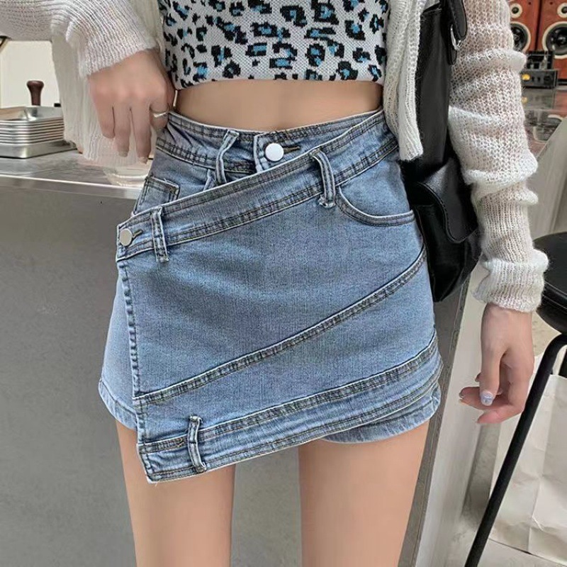 2023 Summer new ins irregular high waist Denim half-length short skirt women's bag hip anti-exposure slimming all-match