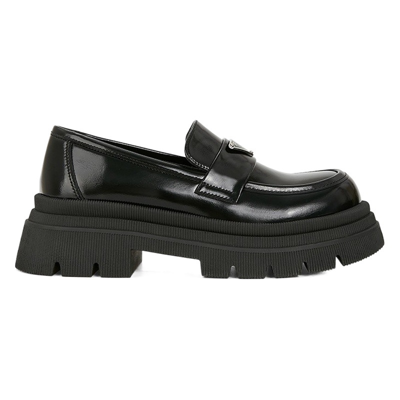 Winter Velvet Round Toe Genuine Leather Triangle Logo Platform Commuting Thick-Soled Loafers Women's Small Leather Shoes