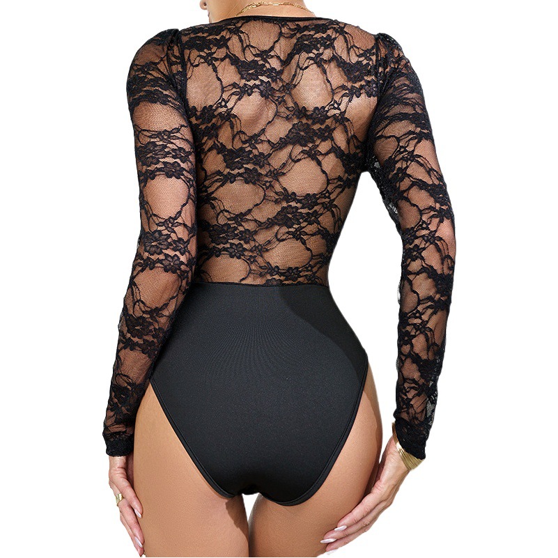 European and American Hot Girl Style Sexy Design Pure Color Lace Splicing Long-Sleeved Hot Girl See-Through Slim Outer Jumpsuit for Women
