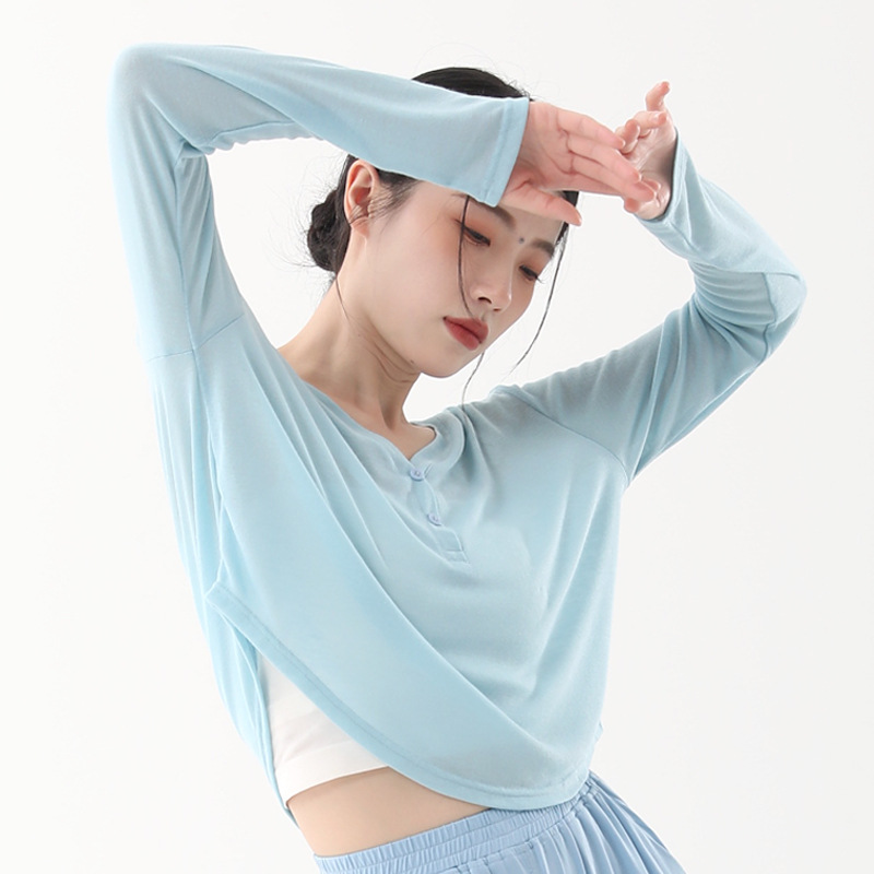 Picture of Thin V Neck Yoga Wear, Long-Sleeved Short Style, Loose-Fitting Outdoor Fitness Top, Breathable Daily Sports Blouse