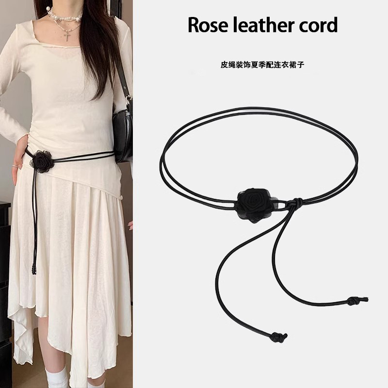 Women's Rose Leather Belt Decorative Summer Dress Sweater High-End Black Extended Waist Rope Waist Chain
