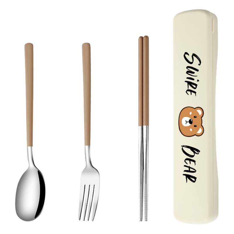 304 Stainless Steel Portable Tableware Fork Spoon Chopsticks Set Three-piece Gift Student Tableware Set