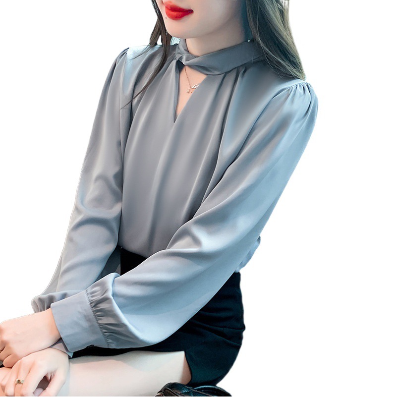 Women's Spring New High-End Professional Commuter Satin Shirt with a Hollow-Out Collar and a Light Blue Color