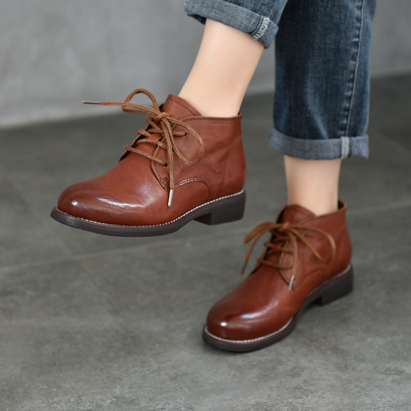 High-End Washed First-Layer Cowhide Short Boots for Women, Genuine Leather Low-Heeled Boots, Retro Lace-Up Boots