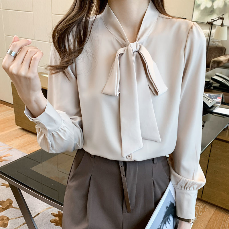 Picture of Spring and Autumn Clothing 2025 New Satin Professional Shirt Women's Long Sleeve Ribbon White Shirt Temperament Top Work Clothes
