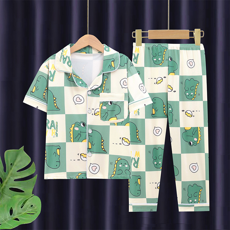 Children's pajamas men's medium and large children's short-sleeved trousers cardigan summer air conditioning clothes boys' cartoon homewear suit outer wear