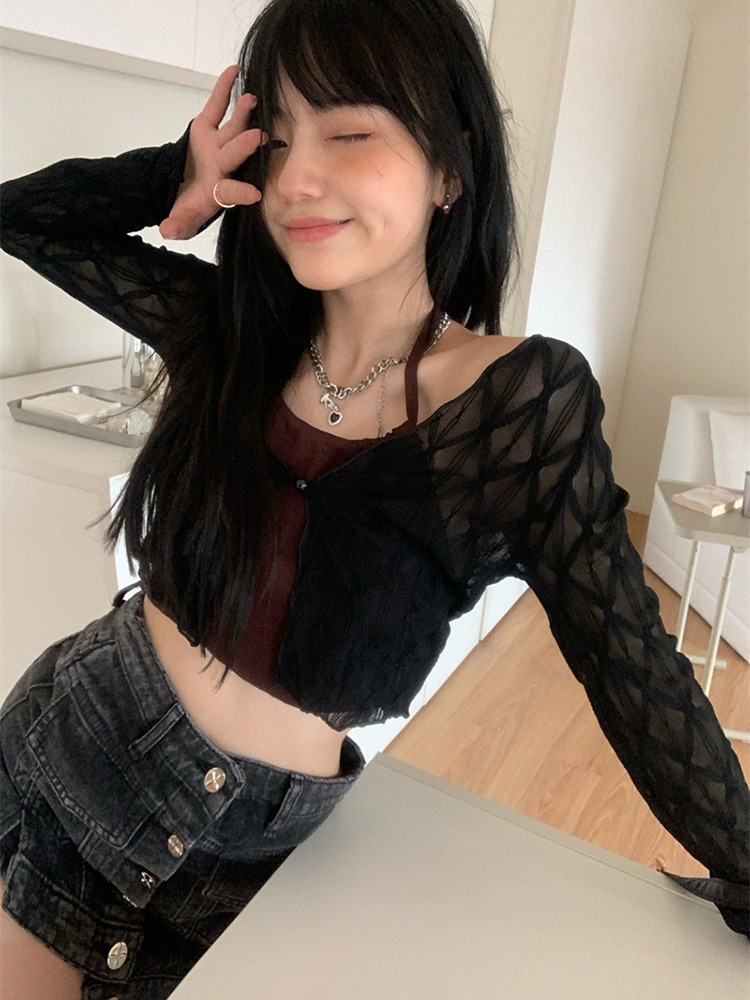 Picture of American-style sweet and spicy mesh shirt women's summer new outer cardigan thin pure style slim-fit short long-sleeved top