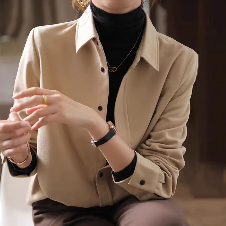 Picture of Vintage Hong Kong Style Sanding Thickened Stacked Shirt Women's Fashion Commuting Loose Slimming Long Sleeve Outer Shirt