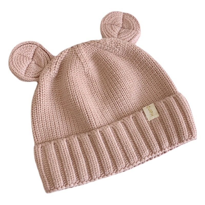 Korean solid color round ears children's wool hat baby single hat winter knitted hat 3-16 months baby wool hat