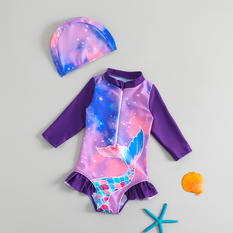 2024 New Children's Swimwear Long-sleeved Quick-drying Sunscreen Girls Mermaid Cute Baby Printed Swimsuit