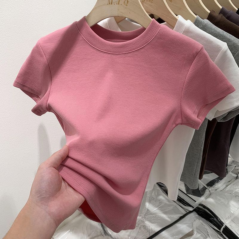 Dopamine Threaded Slim-fit Shoulder T-shirt Women's Short-sleeved Summer New Ins All-match Slim-fit Slim-fit Round Neck