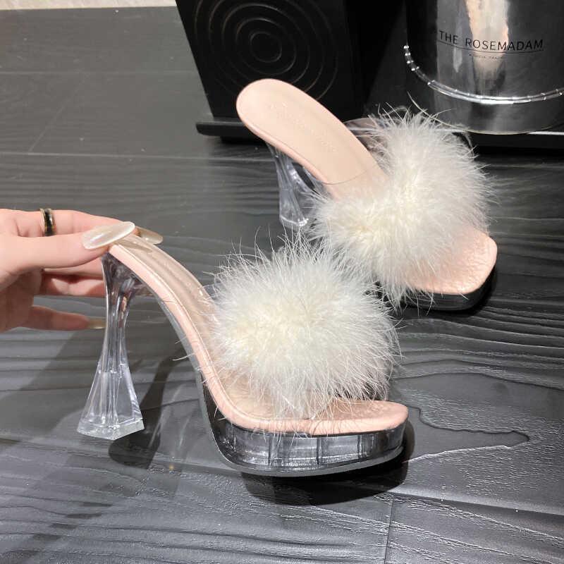 Sandals for Women Summer 2025 New Outer Wear Crystal Shoes Thick Heel Transparent High Heels Elegant Fashion Small Slippers