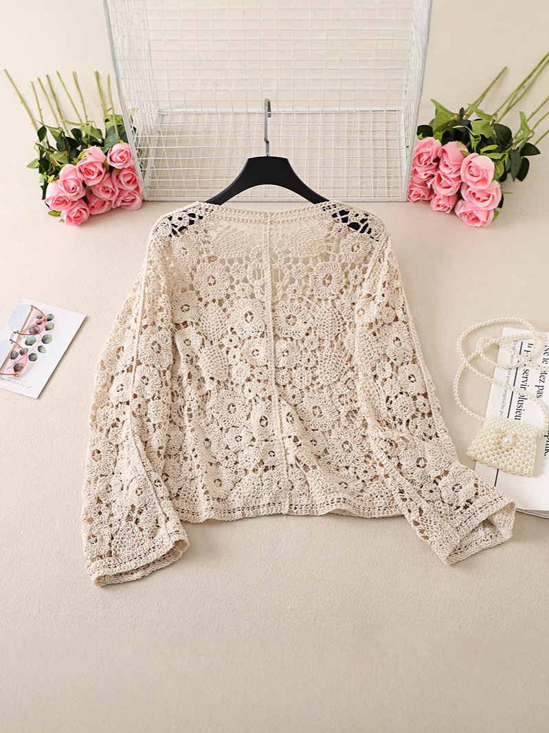 Picture of Long-sleeved Hollow-out Knitted Cardigan Women's Summer Outer Wearing New Crochet Short Chic Small Shirt with Skirt Air Conditioning Top