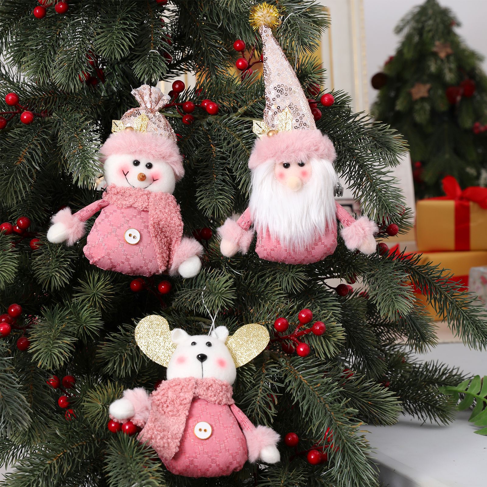 Cross-border new pink Christmas tree pendant elk old snowman decoration doll props scene layout