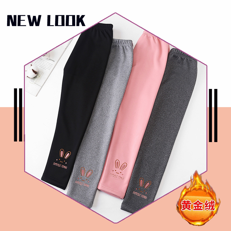 Picture of Children's golden velvet leggings fleece-lined thickened winter outerwear autumn and winter girls' embroidered warm western style cartoon pajama pants