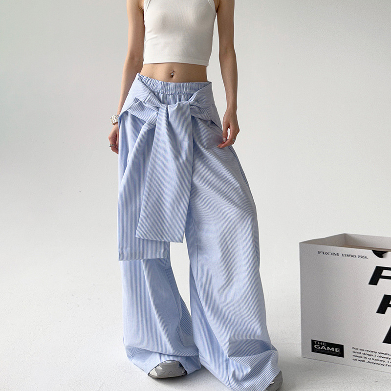 Picture of Foreign Trade Hot Sale Blue Striped High Waist Casual Pants Spring and Autumn Strap Waist Seal Design Loose Wide Leg in stock Trousers